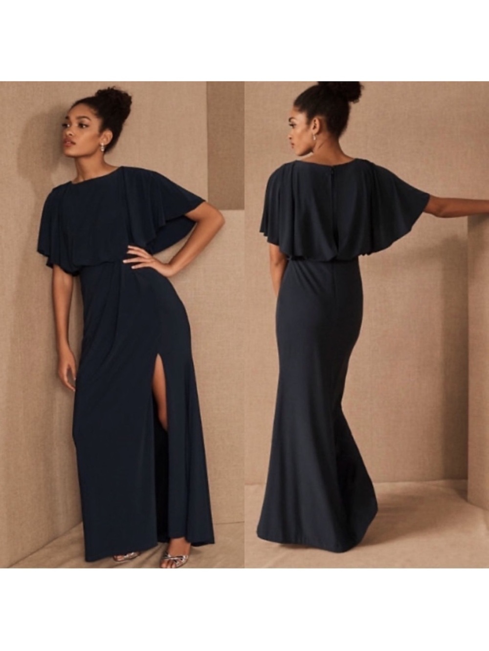 BHLDN Lena Jersey Flutter Sleeve Black Slit Maxi Dress Size 14